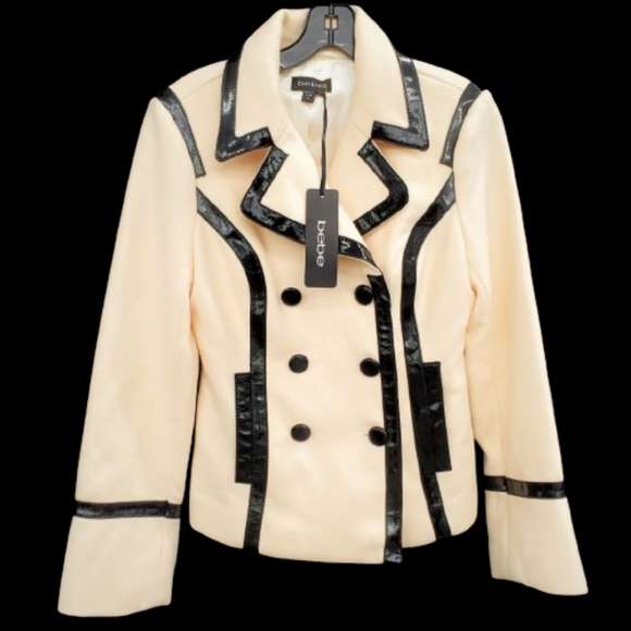 NWT bebe Doubled Breasted Wool Blend with Leather trim Pea Coat - Picture 1 of 2